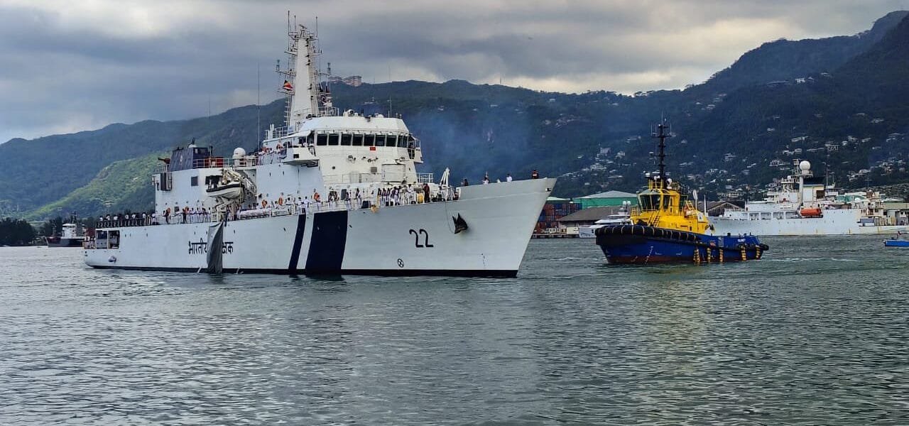 Indian Coast Guard Ship Saksham arrives at Port Victoria, Seychelles for a three day visit