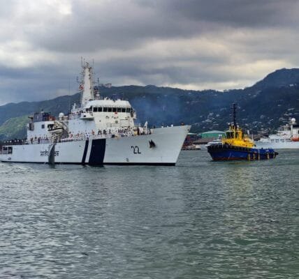 Indian Coast Guard Ship Saksham arrives at Port Victoria, Seychelles for a three day visit