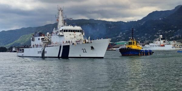 Indian Coast Guard Ship Saksham arrives at Port Victoria, Seychelles for a three day visit