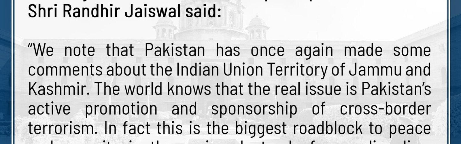 Pakistan's promotion of terrorism is the biggest obstacle to peace and security in Jammu and Kashmir MEA