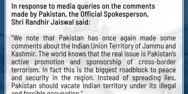 Pakistan's promotion of terrorism is the biggest obstacle to peace and security in Jammu and Kashmir MEA