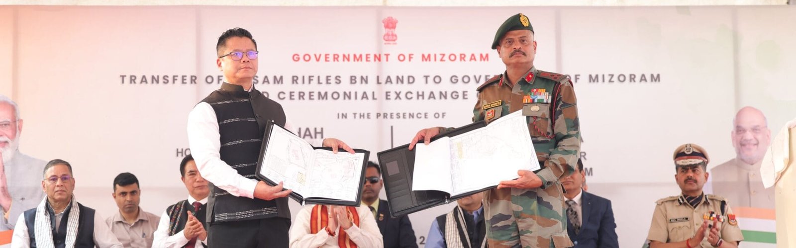 Transfer of Assam Rifles Battalion land to Mizoram government and formal exchange of maps took place in Aizawl in presence of Home Minister Amit Shah
