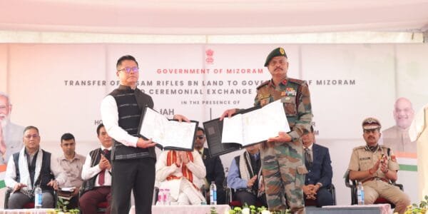 Transfer of Assam Rifles Battalion land to Mizoram government and formal exchange of maps took place in Aizawl in presence of Home Minister Amit Shah