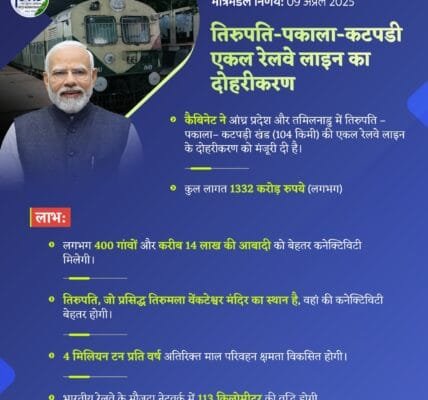Cabinet approves doubling of Tirupati-Pakala-Katpadi single railway line section (104 km) in Andhra Pradesh and Tamil Nadu