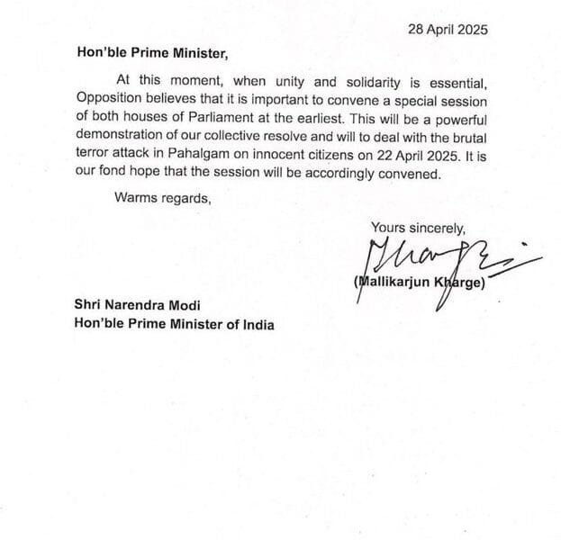 Congress Party urged the Prime Minister to call a special session of Parliament in view of the Pahalgam terrorist attack
