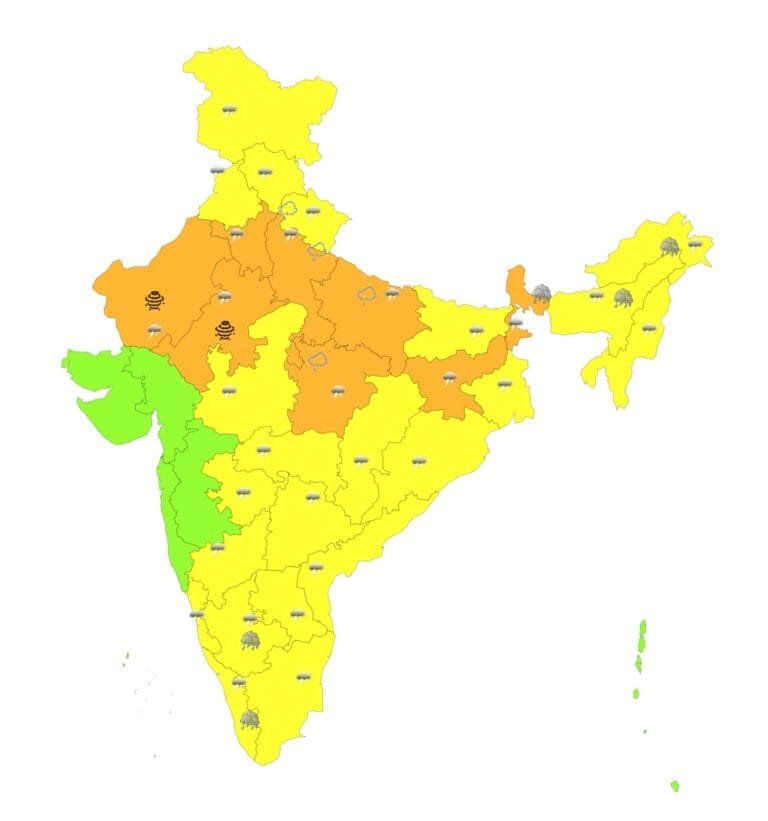 मौसम विभाग ने जम्मू-कश्मीर, हरियाणा, हिमाचल, उत्तराखंड, हरियाणा, राजस्थान, बिहार, मध्य प्रदेश, छत्तीसगढ़ और तेलंगाना में मूसलाधार वर्षा की चेतावनी जारी की