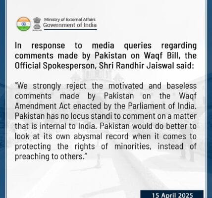 India criticises Pakistan for motivated and baseless comments on Wakf Amendment Act