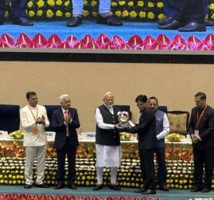 Secretary, Ministry of Women and Child Development receives the Prime Minister's Award for Excellence in Public Administration (Innovation Category) from Prime Minister Modi today