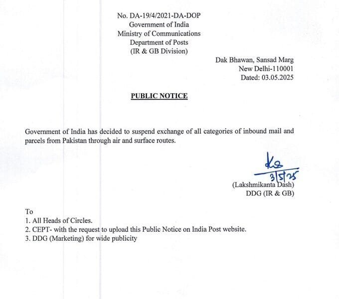 India bans movement of all categories of mail and parcels from Pakistan