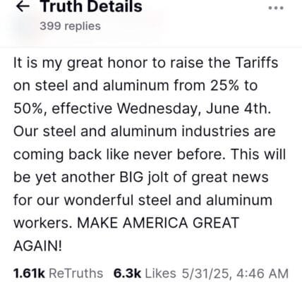 US President Trump announced to double the import duty on steel to 50 percent to protect American industries