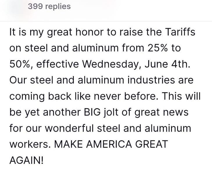 US President Trump announced to double the import duty on steel to 50 percent to protect American industries
