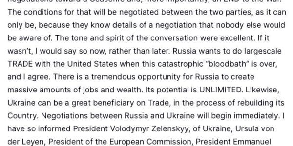US President Trump said Russia and Ukraine will begin immediate and direct talks for a ceasefire and a possible end to the war