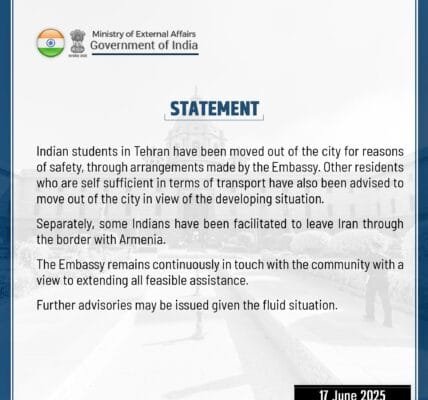Indian Embassy made arrangements to send Indian students from Tehran to safe places