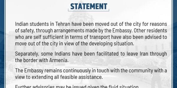 Indian Embassy made arrangements to send Indian students from Tehran to safe places