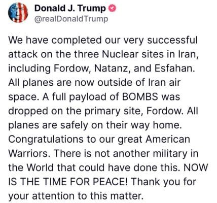 US attacks three Iranian nuclear sites; President Donald Trump calls it a great success