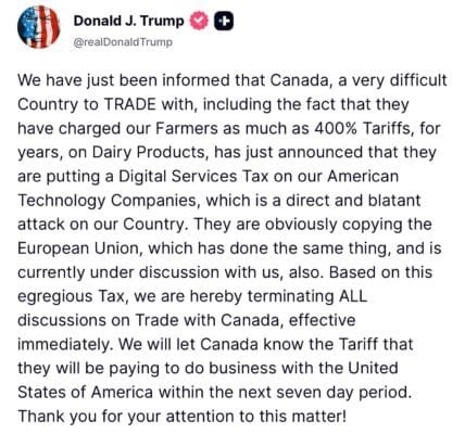 US halts trade talks with Canada, new tariffs to be announced soon