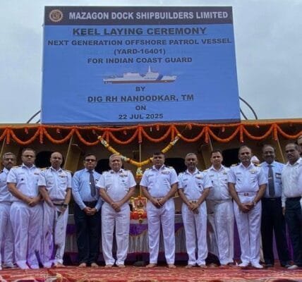 Construction of first ship of Next Generation Offshore Patrol Vessel class for Indian Coast Guard launched at Mazagon Dock Shipbuilders