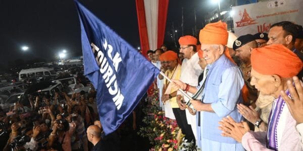 Jammu and Kashmir Lieutenant Governor Manoj Sinha flagged off the first batch of Amarnath pilgrims from Jammu