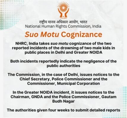 NHRC takes suo motu cognizance of two alleged incidents of drowning of two children in public places in Delhi and Greater Noida