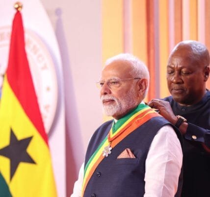 PM Modi was conferred with Ghana's national honour - Officer of the Order of the Star of Ghana - by Ghana's President Mahama today