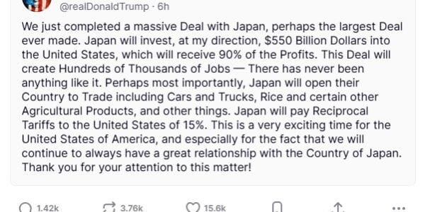 US President Donald Trump announces trade agreement with Japan and Philippines
