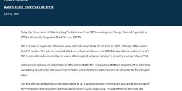 US declares The Resistance Front, a Lashkar-e-Taiba group responsible for Pahalgam attack, a terrorist organisation