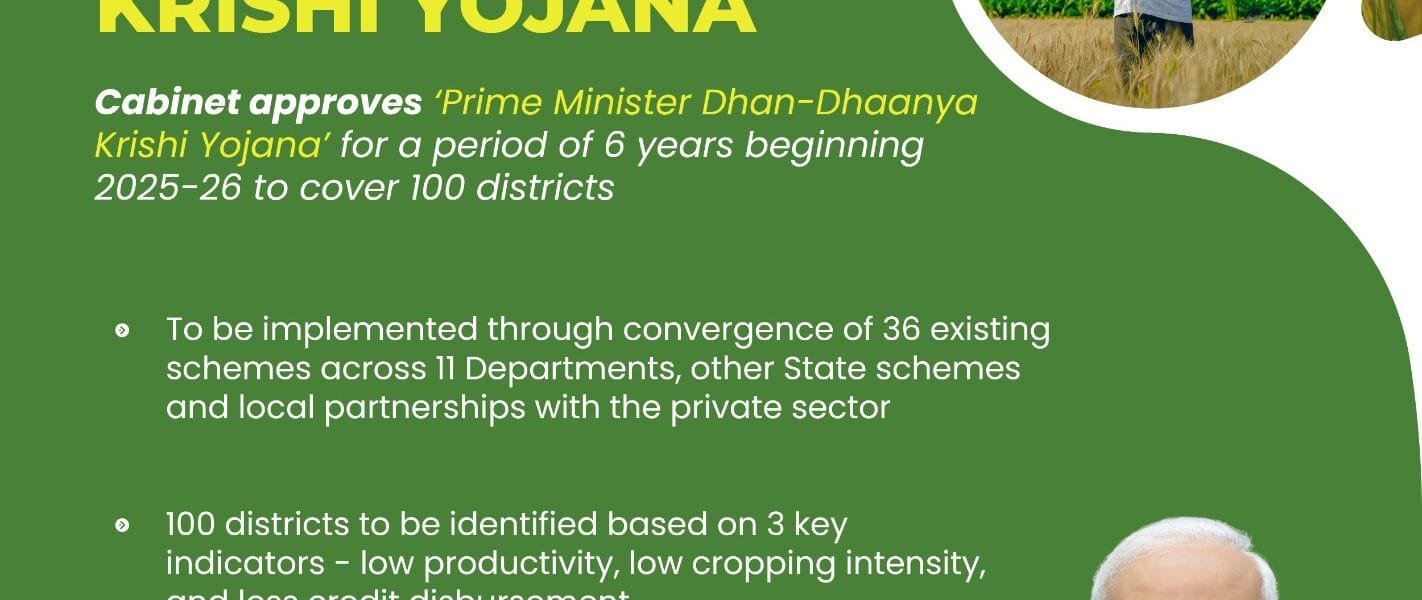 Union Cabinet today approved the “Pradhan Mantri Dhan-Dhanya Krishi Yojana” for a period of six years