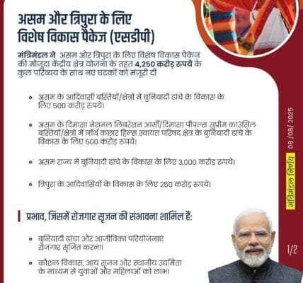 Cabinet approves four new components with a total outlay of Rs 4,250 crore under the existing Central Sector Special Development Package (SDP) Scheme for Assam and Tripura