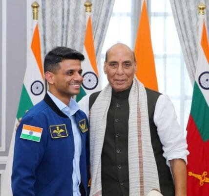 Defence Minister Rajnath Singh meets Group Captain Shubhanshu Shukla, the first Indian astronaut to reach ISS