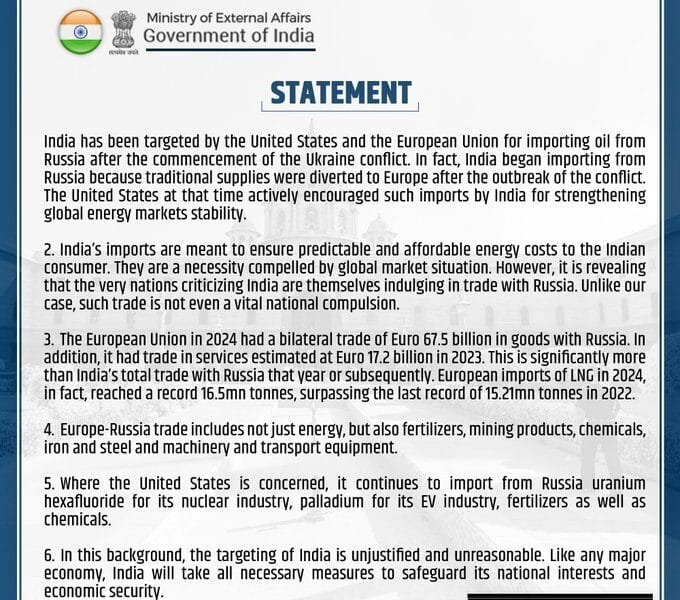 India defends oil imports from Russia; calls US and EU criticism unfair and inconsistent