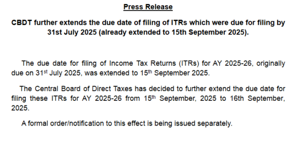 Deadline for filing income tax returns for assessment year 2025-26 extended till midnight tonight