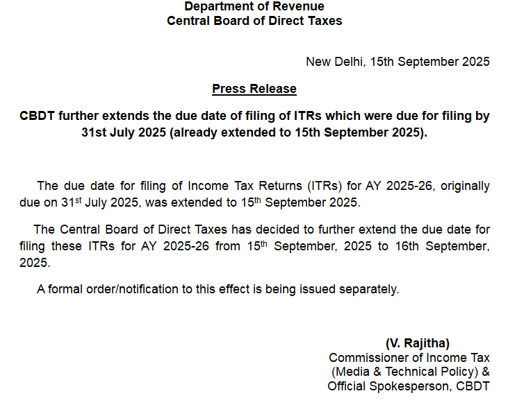 Deadline for filing income tax returns for assessment year 2025-26 extended till midnight tonight
