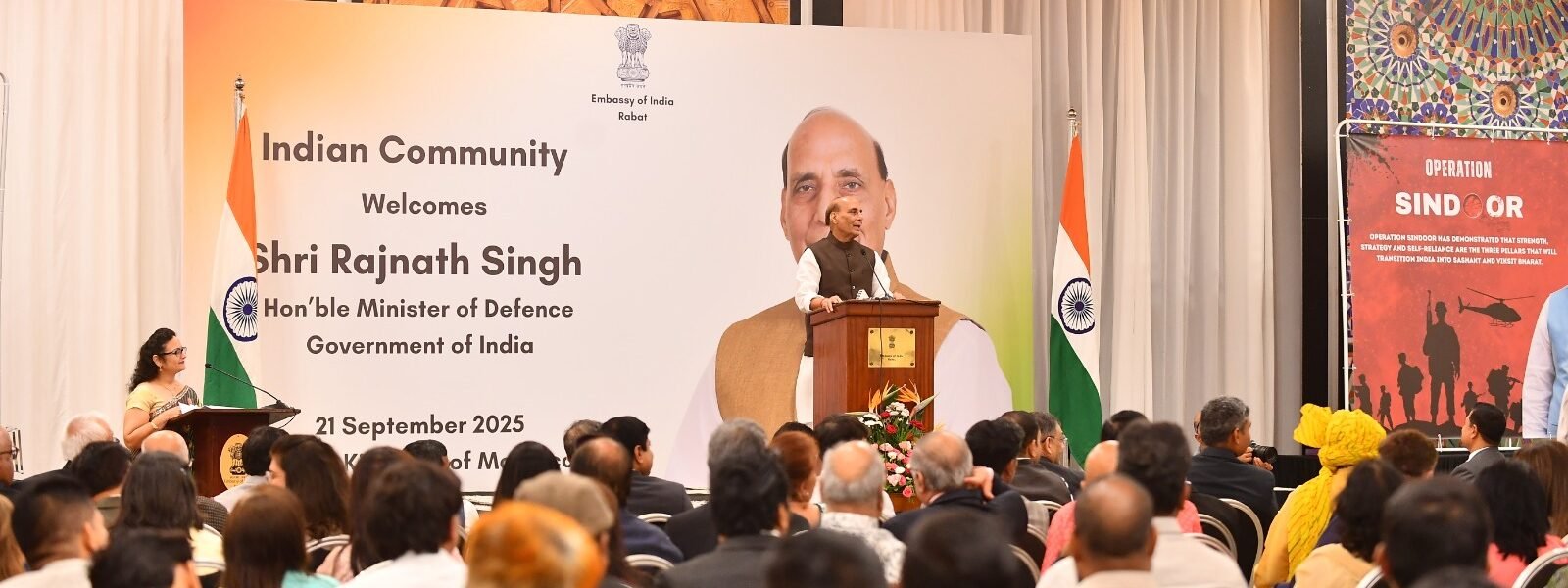 Defence Minister Rajnath Singh meets Indian community in Morocco