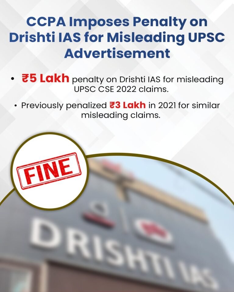 CCPA ने UPSC 2022 परिणाम के भ्रामक विज्ञापनों के लिए Drishti IAS पर 5 लाख रुपये का जुर्माना लगाया