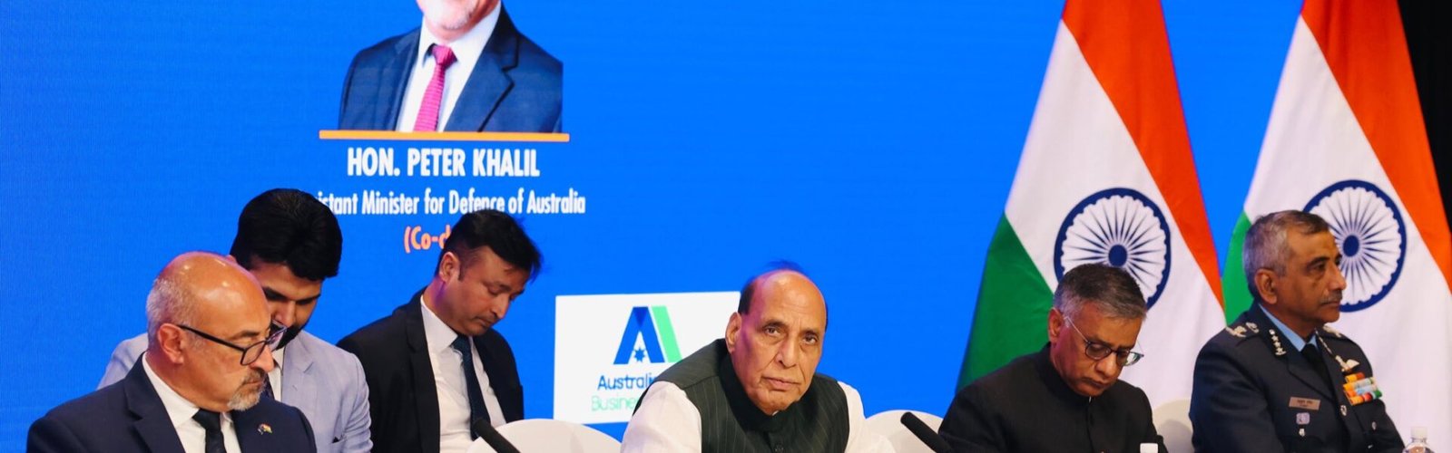 Defence Minister Rajnath Singh addresses the first India-Australia Defence Industry Business Roundtable in Sydney