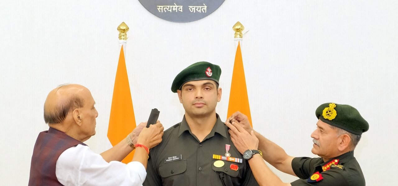 Defence Minister ceremonially presented the insignia of the honorary rank of Lieutenant Colonel in the Territorial Army to star javelin thrower Neeraj Chopra.