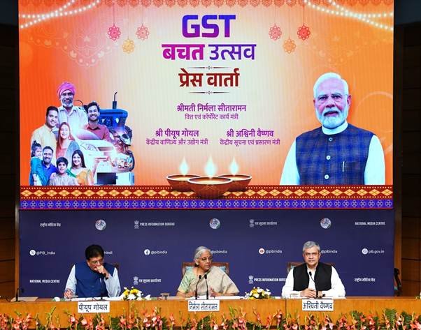 Union Ministers Nirmala Sitharaman, Piyush Goyal and Ashwini Vaishnav held a joint press conference on GST Bachat Utsav in New Delhi today