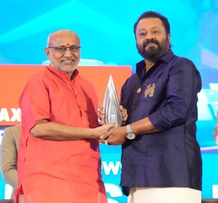 Vice President C. P. Radhakrishnan presented the Manorama News Newsmaker Award 2024 to Union Minister of State Suresh Gopi in New Delhi