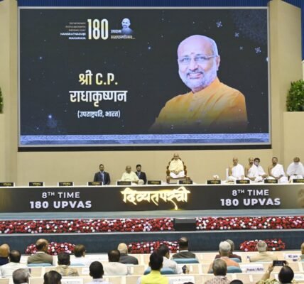 Vice President CP Radhakrishnan addressed the eighth 180th fasting breaking ceremony of Acharya Hansratna Surishwarji Maharaj in New Delhi