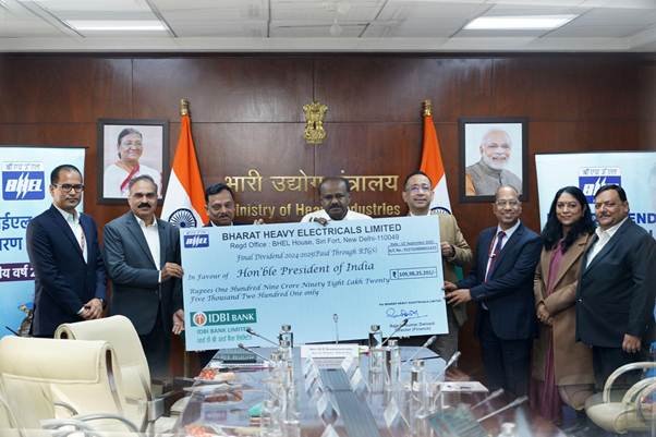 BHEL handed over a dividend cheque of over Rs 109 crore to the Government of India.