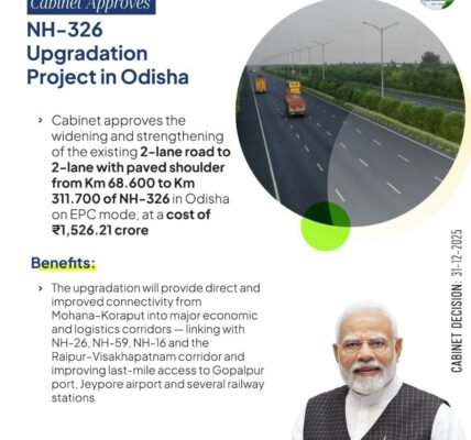 Cabinet has approved the widening and strengthening of NH-326 in Odisha at a cost of Rs 1526.21 crore under the EPC mode