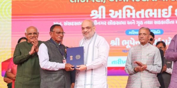Home Minister Amit Shah today distributed land allotment certificates to 205 families in Nava Vanjhar village of Ahmedabad.