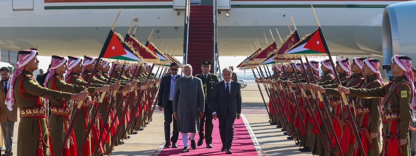 PM Modi arrived in Amman, Jordan, where he was welcomed by Jordanian Prime Minister Jaafar Hassan.