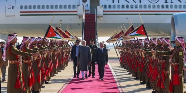 PM Modi arrived in Amman, Jordan, where he was welcomed by Jordanian Prime Minister Jaafar Hassan.