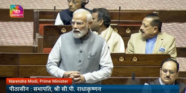 PM Modi welcomed Vice President C.P. Radhakrishnan on his first presidency of the Rajya Sabha today