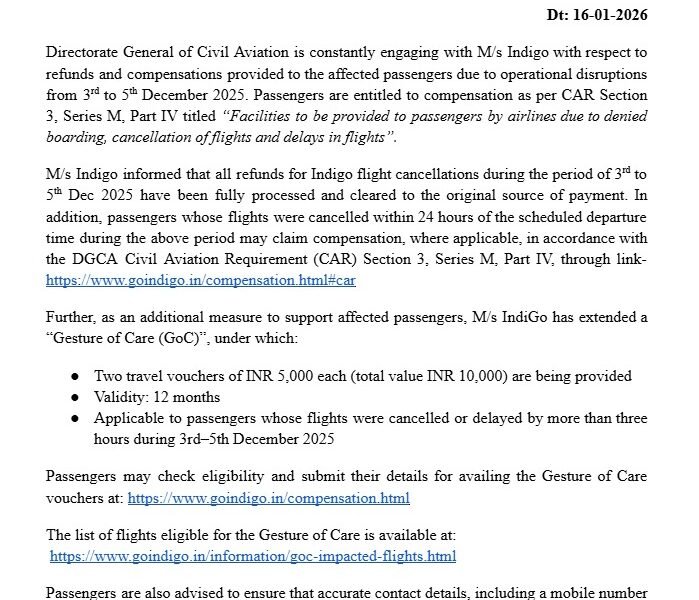 DGCA has confirmed that the refund process for all cancelled IndiGo flights has been completed