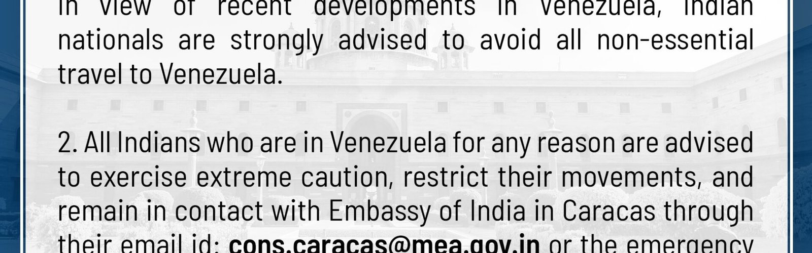 Ministry of External Affairs advises Indian citizens to avoid non-essential travel to Venezuela