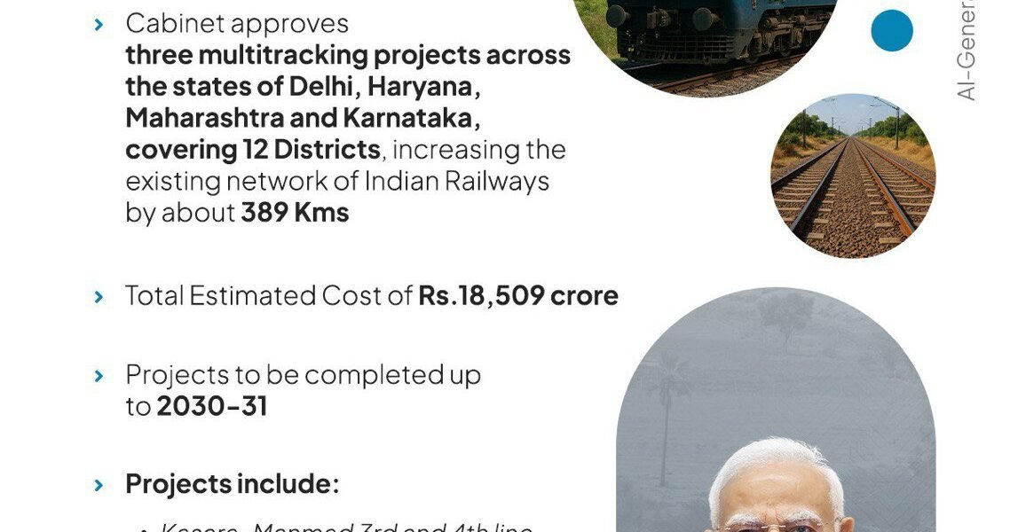 Cabinet approves three projects for laying additional tracks in 12 districts of Delhi, Haryana, Maharashtra and Karnataka
