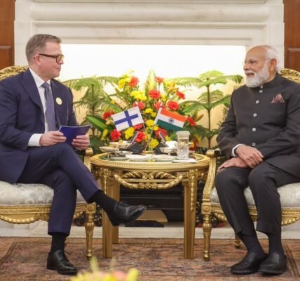 Finnish PM Petteri Orpo met Prime Minister Narendra Modi in Delhi today.