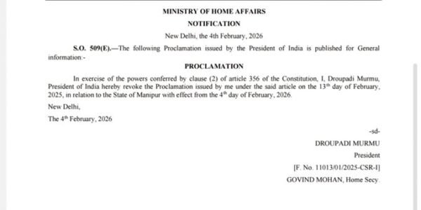 Ministry of Home Affairs issued a notification announcing the immediate lifting of President Rule in Manipur